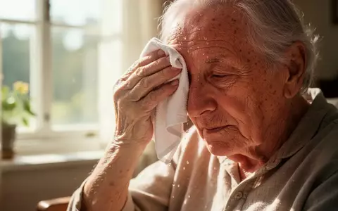 Ältere Person, die sich an einem heißen Sommertag in einem sonnendurchfluteten Raum den Schweiß von der Stirn wischt. - Foto: über boerse-global.de