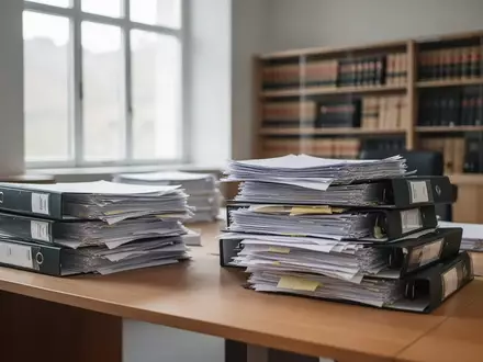 Ein Schreibtisch in einem deutschen Gericht oder einer Behörde mit hohen Stapeln von Aktenordnern und juristischen Dokumenten. - Foto: über boerse-global.de