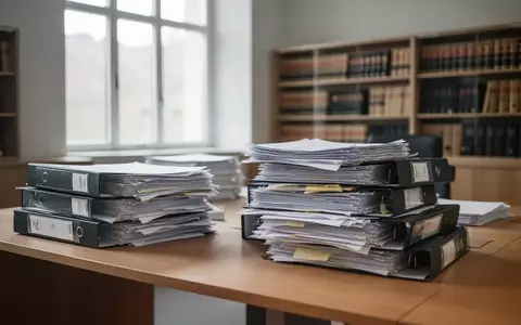 Ein Schreibtisch in einem deutschen Gericht oder einer Behörde mit hohen Stapeln von Aktenordnern und juristischen Dokumenten. - Foto: über boerse-global.de