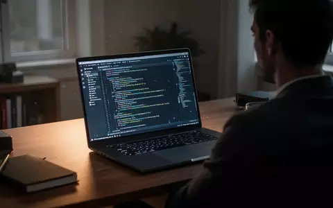 Ein fokussierter Arbeitsplatz mit einem Laptop, auf dessen Bildschirm komplexer Programmcode zu sehen ist. - Foto: über boerse-global.de