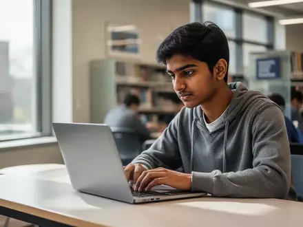 Ein Studierender arbeitet konzentriert an einem Laptop in einer modernen Universitätsbibliothek. - Foto: über boerse-global.de