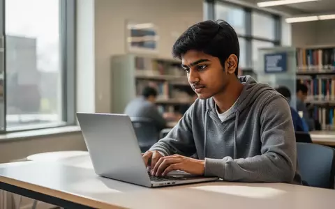 Ein Studierender arbeitet konzentriert an einem Laptop in einer modernen Universitätsbibliothek. - Foto: über boerse-global.de