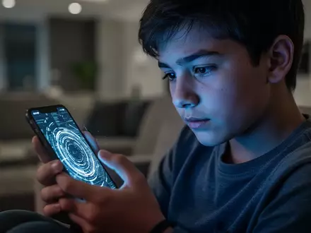 Eine junge Person betrachtet konzentriert ihr Smartphone in einer modern beleuchteten Wohnung, während digitale Datenmuster auf dem Bildschirm leuchten. - Foto: über boerse-global.de