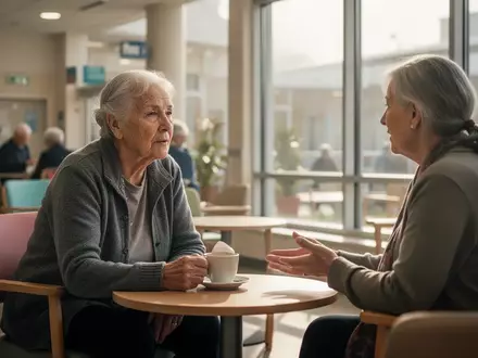 Ein älterer Mensch im Gespräch bei einer Tasse Kaffee in einem hellen Gemeinschaftszentrum. - Foto: über boerse-global.de