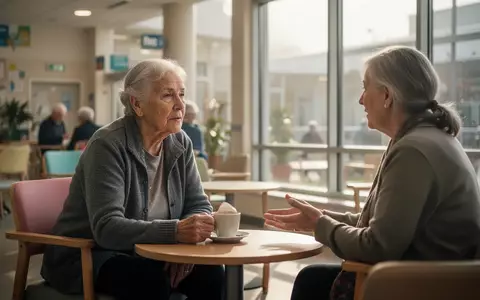 Ein älterer Mensch im Gespräch bei einer Tasse Kaffee in einem hellen Gemeinschaftszentrum. - Foto: über boerse-global.de