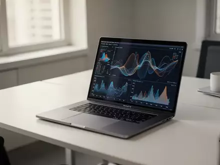 Ein moderner, aufgeräumter Büroarbeitsplatz mit einem Laptop, der abstrakte Datenvisualisierungen zeigt, bei natürlichem Licht. - Foto: über boerse-global.de