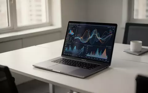 Ein moderner, aufgeräumter Büroarbeitsplatz mit einem Laptop, der abstrakte Datenvisualisierungen zeigt, bei natürlichem Licht. - Foto: über boerse-global.de