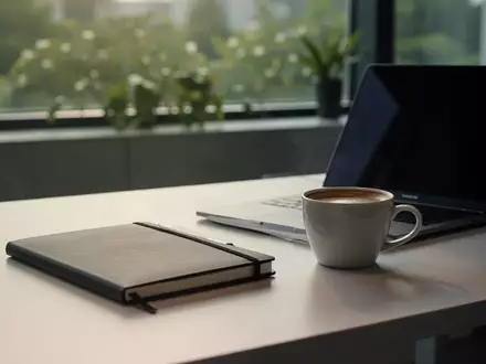 Ein aufgeräumter Schreibtisch mit einem Notizbuch und einer Kaffeetasse in einem hellen Büro am Morgen. - Foto: über boerse-global.de