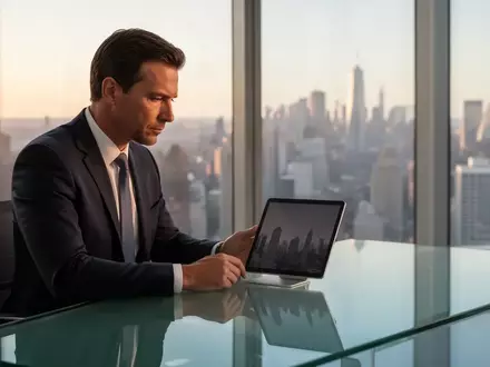 Eine Führungskraft in einem modernen Büro sitzt nachdenklich vor einem ausgeschalteten Tablet. - Foto: über boerse-global.de