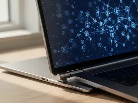 Ein moderner Arbeitsplatz mit einem Laptop, auf dessen Bildschirm abstrakte Datenstrukturen und kryptografische Knoten zu sehen sind. - Foto: über boerse-global.de