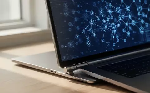 Ein moderner Arbeitsplatz mit einem Laptop, auf dessen Bildschirm abstrakte Datenstrukturen und kryptografische Knoten zu sehen sind. - Foto: über boerse-global.de