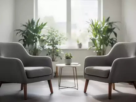 Ein heller, minimalistisch eingerichteter Therapieraum mit zwei gegenüberstehenden Stühlen und natürlichem Tageslicht. - Foto: über boerse-global.de
