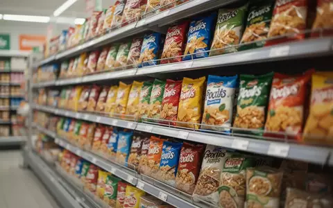 Regale in einem Supermarkt mit einer Auswahl an verpackten, hochverarbeiteten Lebensmitteln in unscharfer Darstellung. - Foto: über boerse-global.de