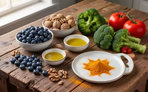Eine Auswahl frischer, gesunder Lebensmittel wie Blaubeeren, Brokkoli, Walnüsse und Olivenöl auf einem Holztisch. - Foto: über boerse-global.de