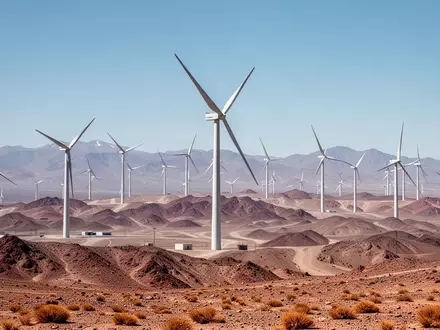 Moderne Windkraftanlagen in einer kargen chilenischen Wüstenlandschaft - Foto: über boerse-global.de