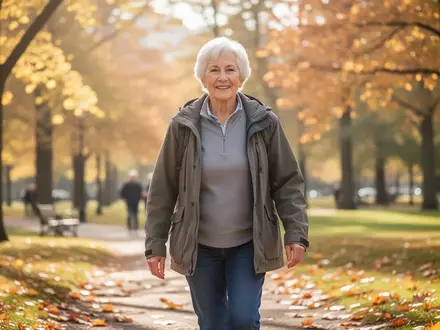 Eine ältere Person spaziert aktiv und gesund durch einen sonnigen Park. - Foto: über boerse-global.de