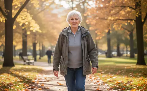 Eine ältere Person spaziert aktiv und gesund durch einen sonnigen Park. - Foto: über boerse-global.de