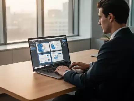 Eine Person arbeitet an einem Laptop in einem modernen, hellen Büro an einer professionellen Präsentation. - Foto: über boerse-global.de