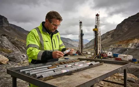 Geologe untersucht Gesteinsproben an einem Bohrstandort in einer bergigen Landschaft. - Foto: ĂĽber boerse-global.de