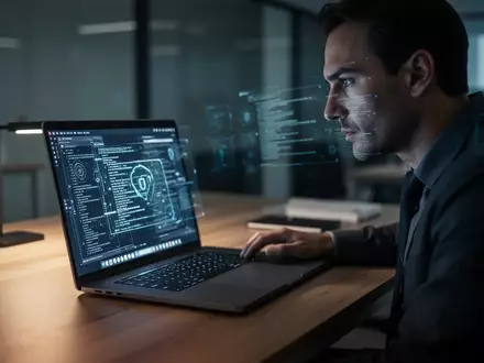 Ein moderner Arbeitsplatz mit einem Laptop, der in einer gedimmten Büroumgebung steht und Cybersicherheit symbolisiert. - Foto: über boerse-global.de