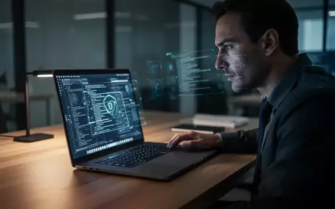 Ein moderner Arbeitsplatz mit einem Laptop, der in einer gedimmten Büroumgebung steht und Cybersicherheit symbolisiert. - Foto: über boerse-global.de