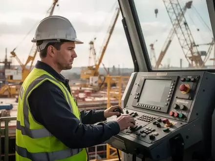 Ein Kranführer in Schutzkleidung bedient konzentriert die Steuerung eines Industriekrans auf einer Baustelle. - Foto: über boerse-global.de