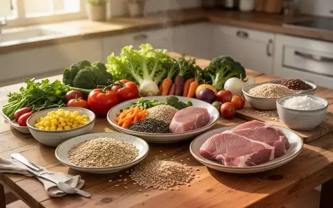 Eine ausgewogene Mahlzeit mit frischem Gemüse, Vollkornprodukten und Proteinquellen auf einem Holztisch. - Foto: über boerse-global.de