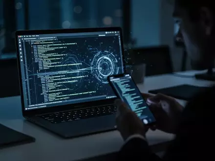 Ein beleuchteter Laptopbildschirm in einem dunklen Büro, der komplexe digitale Daten und abstrakte Sicherheitsmuster anzeigt. - Foto: über boerse-global.de