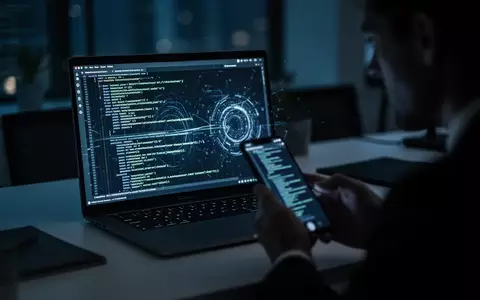 Ein beleuchteter Laptopbildschirm in einem dunklen Büro, der komplexe digitale Daten und abstrakte Sicherheitsmuster anzeigt. - Foto: über boerse-global.de