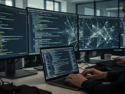 Ein moderner Büroarbeitsplatz mit Computerbildschirmen, auf denen abstrakte Datenströme und Servercode zu sehen sind. - Foto: über boerse-global.de