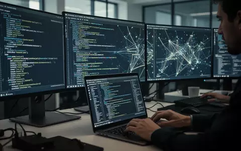 Ein moderner Büroarbeitsplatz mit Computerbildschirmen, auf denen abstrakte Datenströme und Servercode zu sehen sind. - Foto: über boerse-global.de