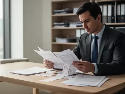 Ein Finanzbeamter prüft sorgfältig Steuerunterlagen und Belege an einem hellen, modernen Schreibtisch in einem Büro. - Foto: über boerse-global.de