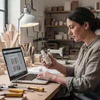 Eine Person arbeitet in einer kleinen Werkstatt an einem Laptop, umgeben von handwerklichen Materialien und Werkzeugen. - Foto: über boerse-global.de