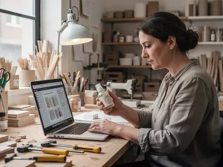 Eine Person arbeitet in einer kleinen Werkstatt an einem Laptop, umgeben von handwerklichen Materialien und Werkzeugen. - Foto: über boerse-global.de