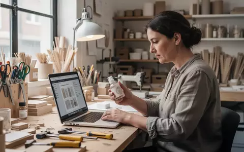Eine Person arbeitet in einer kleinen Werkstatt an einem Laptop, umgeben von handwerklichen Materialien und Werkzeugen. - Foto: über boerse-global.de