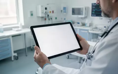 Ein Arzt hält ein Tablet in einem modernen Krankenhauszimmer, um medizinische Diagnosedaten zu prüfen. - Foto: über boerse-global.de