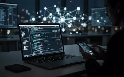 Ein modern ausgestatteter Arbeitsplatz in einem schwach beleuchteten Büro, auf dem ein Laptop komplexe Datenstrukturen anzeigt. - Foto: über boerse-global.de