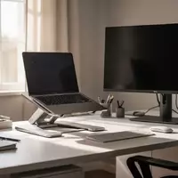 Moderner, ergonomisch optimierter Arbeitsplatz mit Laptop-Ständer und professionellem Monitor in einem hellen Büro. - Foto: über boerse-global.de