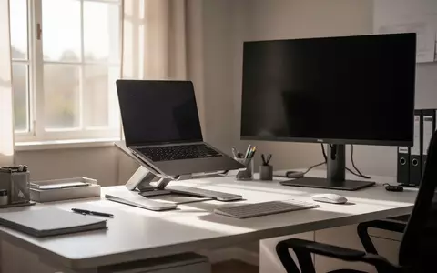 Moderner, ergonomisch optimierter Arbeitsplatz mit Laptop-Ständer und professionellem Monitor in einem hellen Büro. - Foto: über boerse-global.de