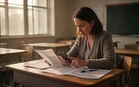 Eine Lehrkraft sitzt an einem Schreibtisch im Klassenzimmer und erfasst konzentriert Arbeitszeiten per Smartphone. - Foto: über boerse-global.de