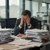 Ein gestresster Büroangestellter sitzt an einem Schreibtisch, der mit zahlreichen Papierstapeln und Aktenordnern überladen ist. - Foto: über boerse-global.de