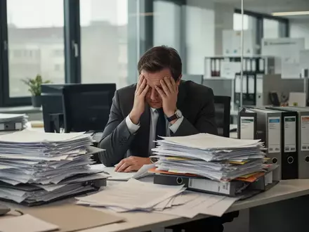 Ein gestresster Büroangestellter sitzt an einem Schreibtisch, der mit zahlreichen Papierstapeln und Aktenordnern überladen ist. - Foto: über boerse-global.de