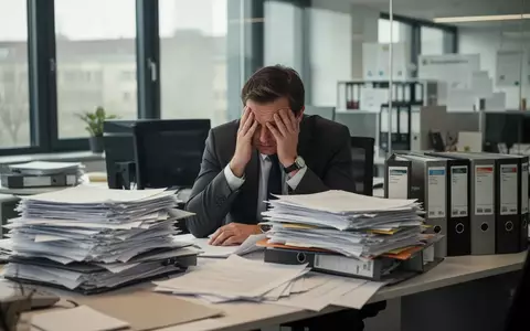 Ein gestresster Büroangestellter sitzt an einem Schreibtisch, der mit zahlreichen Papierstapeln und Aktenordnern überladen ist. - Foto: über boerse-global.de