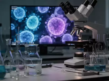 Ein wissenschaftliches Labor mit einem Mikroskop und unscharfen Darstellungen von zellulären Strukturen im Hintergrund. - Foto: über boerse-global.de