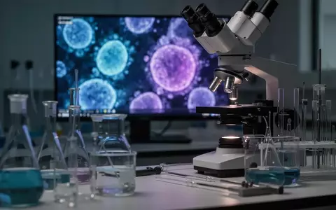 Ein wissenschaftliches Labor mit einem Mikroskop und unscharfen Darstellungen von zellulären Strukturen im Hintergrund. - Foto: über boerse-global.de