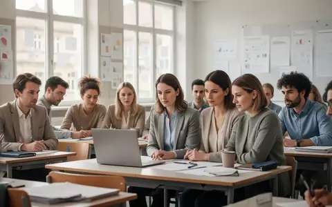 Lehrkräfte in einer modernen Fortbildung zur Künstlichen Intelligenz in einem hellen, professionellen Unterrichtsraum. - Foto: über boerse-global.de