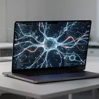 Moderner, minimalistischer Arbeitsplatz mit einem Laptop, der abstrakte digitale Datenströme anzeigt. - Foto: über boerse-global.de