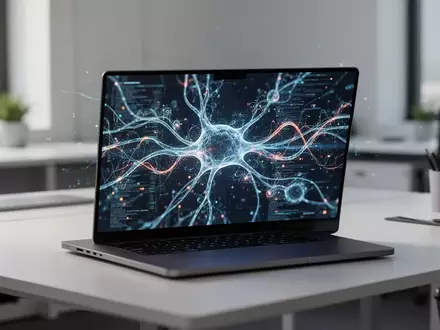 Moderner, minimalistischer Arbeitsplatz mit einem Laptop, der abstrakte digitale Datenströme anzeigt. - Foto: über boerse-global.de