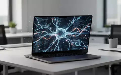 Moderner, minimalistischer Arbeitsplatz mit einem Laptop, der abstrakte digitale Datenströme anzeigt. - Foto: über boerse-global.de