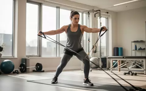 Eine Person führt in einer modernen Physiotherapiepraxis eine kontrollierte Kraftübung mit Widerstandsbändern aus. - Foto: über boerse-global.de